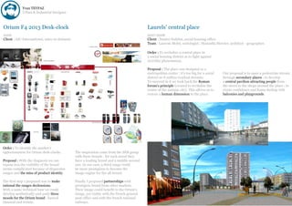 Yvan TEYPAZ
            Urban & Industrial Designer



Orium F4 2013 Desk-clock                                                                    Laurels’ central place
2006                                                                                        2007-2008
Client : AIC-International, sales on demand.                                                Client : Nantes Habitat, social housing office.
                                                                                            Team : Laurent Melet, sociologist ; Manuella Mercier, architect - geographer.

                                                                                            Order : To revitalize a central place in
                                                                                            a social housing district as to fight against
                                                                                            incivility phenomenas.

                                                                                            Proposal : The place was designed as a
                                                                                            metropolitan center : it’s too big for a social   Our proposal is to open a pedestrian stream
                                                                                            district so it suffers residual streams.          through secondary places ; to develop
                                                                                            To succeed in it we took back the Roman           a central pavilion attracting people from
                                                                                            forum’s principle (created to revitalize the      the street to the shops around the place ; to
                                                                                            center of the antique city). This allows us to    create confidence and home-feeling with
                                                                                            restore a human dimension to the place.           balconies and playgrounds.




Order : To identify the market’s
opportuneness for Orium desk-clocks.           The inspiration came from the SEB group
                                               with these brands : for each mood they
Proposal : With the diagnosis we can           have a leading brand and a middle-second
expose hox the visibility of the brand         one. In our case, a third range could
seems complicated because of disparates        be more prestigious to become the
ranges and the miss of product identity.       image engine for the all-brand.

The first step I proposed was to make          Finally I proposed partnerships with
rational the ranges declensions.               prestigiou brand from other markets.
With a same technical base we could            Their image could benefit to the Orium’s
develop aesthetically and usely three          image, yet visible with the french general
moods for the Orium brand : basical            post-office and with the french national
classical and trendy.                          railways.
 