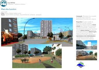 Yvan TEYPAZ
            Urbanisme > Ambiances urbaines



Place des Lauriers
2007-2008
Client : Nantes Habitat, bailleur social.
Equipe : Laurent Melet, sociologue ; Manuella Mercier, architecte - géographe.
                                                                                 Commande : Revitaliser une centralité
                                                                                 de quartier pour contrer les
                                                                                 phénomènes d'inciviltés qui y règnent.

                                                                                 Proposition : La place souffre de
                                                                                 présences et de flux résiduels.
                                                                                 Nous nous sommes inspirés du forum
                                                                                 romain pour redonner une dimension
                                                                                 humaine à l'ensemble : création d'un
                                                                                 flux piétonnier nord-sud par l'ouverture
                                                                                 vers les espaces connexes, installation
                                                                                 du kiosque central pour attirer les gens
                                                                                 depuis le tram ou la rue vers les
                                                                                 commerces de la place, opérations de
                                                                                 balconisation et de résidentialisation,
                                                                                 réintégration de la nature dans le
                                                                                 paysage, cheminements minéraux.
 
