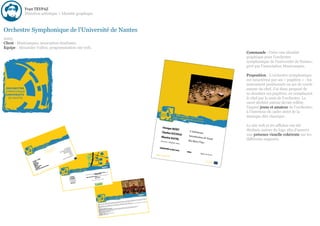 Yvan TEYPAZ
           Direction artistique > Identité graphique



Orchestre Symphonique de l'Université de Nantes
2003
Client : Musicampus, association étudiante.
Equipe : Alexandre Vallon, programmation site web.
                                                                                                                                                                                                                                                                                                                                                                                                                                                                                                                           Commande : Créer une identité
                                                                                                                                                                                                                                                                                                                                                                                                                                                                                                                           graphique pour l'orchestre
                                                                                                                                                                                                                                                                                                                                                                                                                                                                                                                           symphonique de l'université de Nantes,
                                                                                                                                                                                                                                                                                                                                                                                                                                                                                                                           géré par l'association Musicampus.

                                                                                                                                                                                                                                                                                                                                                                                                                                                                                                                           Proposition : L'orchestre symphonique
                                                                                                                                                                                                                                                                                                                                                                                                                                                                                                                           est caractérisé par ses « pupitres » : les
                                                                                                                                                                                                                                                                                                                                                                                                                                                                                                                           instrument positionnés en arc de cercle
                                                                                                                                                                                                                                                                                                                                                                                                                                                                                                                           autour du chef. J'ai donc proposé de
                                                                                                                                                                                                                                                                                                                                                                                                                                                                                                                           re-dessiner ces pupitres, en remplaçant
                                                                                                                                                                                                                                                                                                                                                                                                                                                                                                                           le chef par le nom de l'orchestre. Le
                                                                                                                                                                                                                                                                                                                                                                                                                                                                                                                           carré déchiré autour devait reflète
                                                                                                                                                                                                                                                                                                                                                                                                                                                                                                                           l'aspect jeune et amateur de l'orchestre,
                                                                                                                                                                                                                                                                                                                                                                                                                                                                                                                           à l'intérieur du cadre strict de la
                                                                                                                                                                                                                                                                                                                                                                                                                                                                                                                           musique dite classique.

                                                                                                                                                                                                                                                                                                                                                                                                                                                        Georges
                                                                                                                                                                                                                                                                                                                                                                                                                                                                                                                           Le site web et les affiches ont été
                                                                                                                                                                                                                                                                                                                                                                                                                                                                       BIZET
                                                                                                                                                                                                                                                                                                                                                                                                                                                       Charles G                          L'Arlésie                        déclinés autour du logo afin d'assurer
                                                                                                                                                                                                                                                                                                                                                                                                                                                                 OUNOD                           nne
                                                                                                                                                                                                                                                                                                                                                                                                                                                       Maurice                          Introduct                          une présence visuelle cohérente sur les
                                                                                                                                                                                                                                                                                                                                                                                                                                                               RAVEL                              ion de Fau
                                                                                                                                                                                                                                                                                                                                                                                                                                                      direction                         Ma Mère
                                                                                                                                                                                                                                                                                                                                                                                                                                                                                                             st            différents supports.
                                                                                                                                                                                                                                                                                                                                                                                                                                                                  : Stéphane
                                                                                                                                                                                                                                                                                                                                                                                                                                                                               Oster
                                                                                                                                                                                                                                                                                                                                                                                                                                                                                                l'Oye
                                                  UE
                                              NIQ
                                          PHO ANTES
                                      SYM     N
                                   TRE ITÉ DE
                               HES                                                                                           t
                           ORC UNIVER
                                       S                         SUN
                                                            e l'O U…                                              rute
                                                                                                                       men n                                                                                                                                                                                                                                                                                                                         DIMANCH
                            DE L'                       rt d
                                                              au T.                                           Rec épétitio s                                                                                                                                                                                                                                                                                                                                      E 22 MAI
                                                     nce
                                                              chai
                                                                   n co 2005 it                                  sR
                                                                                                            tion Mem es
                                                                                                                          bre                                                                                                                                                                                                                                                                                                                                                2005
                                                                                                         rma space N Tim s
                                                                       re
                                                           Pro ovemb rt gratu
                                                                                                    Info    E OSU              to                                                                                                                                                                                                                                                                                                                                                      17h00
                                                            22 n Conce                                                    Pho s
                                                                                                                                                                                                                                                                       re




                                                                                                                e
                                                                                                             Th                                                                                                                                                                                                                                                                                                                                                                                       Eglise de
                                                                                                                                                                                                                                                                   eliè




                                                                                                                                éo
                                                                                                                           Vid ns
                                                                                                                                                                                                         C.N.A.M.
                                                                                                                                                                                                                                                                Jon




                                                                                                                               Lie r
                                                                                                                                                                                                    Rue du                               Fresche
                                                                                                                                                                                                                                                     Blanc
                                                                                                                                                                                                                                                             Pl. de
                                                                                                                                                                                                                                                                                                 CENTRA
                                                                                                                                                                                                                                                                                                        LE
                                                                                                                                                                                                                                                                                                                                                                                                                                                 http://os                                                        Pornic
                                                                                                                            istr
                                                                                                                                 ateu                                                               Complexe
                                                                                                                                                                                                                                                             la Noë
                                                                                                                                                                                                                                                                                                                                                                                                                                                          un.fr.fm
                                                                                                                                                                                                                     MOLLET PICHERIT




                                                                                                                                                                                                                                                     la

                                                                                                                        min
                                                                                                                                                                                                      sportif
                                                                                                                                                                                                                                                de




                                                                                                                      d                                                                    CHAMP

                                                                                                                 ce A
                                                                                                                                                                                                                                               e




                                                                                                                                                                                             DE                                                                                                                  I.F.R.E.M.E.R.
                                                                                                                                                                                                                                             ut




                                                                                                             spa
                                                                                                                                                                                                                                                     AUDENCIA
                                                                                                                                                                                                                                           Ro




                                                                                                                                                                                           COURSE


                             ro           jets                                                             E                                                                                                                                         T.U.
                                                                                                                                                                                                                                                                                    FAC de LETTRE
                                                                                                                                                                                                                                                                                                  S


                         s-p
                                                                                                                                                                                                       Hall
                                                                                                                                                                                                                                                                                      Tertre




                                                                                                                                                                                                        des                                                                                                               N
                                                                                                                                                              es
                    cert                                                                                                                                  Nant
                                                                                                                                                                                                                                         R.U.
                                                                                                                                                                                                                Guy




                                                                                                                                                                                                       Sports


                Con ef
                                                                                                                                                    té de
                                                                                                                                                                                                                                                                                 e du




                                                                                                                                      nce    iversi
                                                                                                                                                                                                                rd




                 Le ch rique
                                                                                                                                                                                                                                       C.R.O.U.S.
                                                                                                                                n, Fra l' Un
                                                                                                                                                                                                            leva




                                                                                                                                                                                                                                                                        la Censiv




                                                                                                                           rblai rel de
                                                                                                                                                                                                         Bou




                                                                                                                      St He Cultu
                      to                                                                                                                                                                                                                                                                                                          -
                  His ertoire
                                                                                                                                                                                                                                                                                               FAC de DROIT
                                                                                                                 800 rvice                                                                                           Poste                                                                                              +
                                                                                                           le, 44 du Se                                                                                                                                                   de
                                                                                                     de Lis ien
                                                                                                                                                                                                                                                                    e

                   R ép es                                   e                                   uget le sout
                                                                                                                                                                                                                                                               Ru

                                  cter
                                                                                                                                                                                                   G        CENTRE
                                                        rn
                                                                                                                                                                                             CAMPIN
                          h                                                                    Ro ec
                    Affic s conta                 Inte
                                                                                                                                                                                                               DE
                                                                                         allée    Av                                                                                                               S
                                                                                                                                                                                                                  RS
                                                                                                                                                                                                             LOISIRS
                                                                                                                                                                                                             LOISIRS

                                           che                                    es, 28
                     Nou logue Recher
                                                                              Nant
                                                                        té de
                                                                 iversi
                       Cata ur de                           l' Un 83 49
                                                       e de 07 95                                                                                                                 ONIQUE
                            te                                                                                                                                           RE SYMPH
                        Mo             tre Sy
                                              mph
                                                  oniqu+33 6
                                                                                                                                                                 ORCHEST          NANTES
                                                 Orch
                                                      es
                                                                                                                                                          ERSITÉ DE
                                                                                                                                          DE L'UNIV                                                                                                   les
                                                                                                                                                                                                                                        Nantes, tous
                                                                                                                                                                                                                                aire de Nan
                                                                                                                                                                                                                                ai e
                                                                                                                                                                                                                                             tes,
                                                                                                                                                                                                                                             t
                                  ee.fr                                                                                                                                                                       Thé tree Uni ersit 0
                                                                                                                                                                                                               héâtre Univ 22h30.
                        ://os
                             un.fr                                                                                                                                                                    lieu au Théâ      0à
                    http                                                                                                                                                                   titions ont lundis de 20h0                                  e,
                                                                                                                                                                                  Les répé                                                 ive du Tertr
                                                                                                                                                                                                                             in de la Cens
                                                                                                                                                                                                                 ntes Chem
                                                                                                                                                                                                               Nantes,
                                                                                                                                                                                                                   t
                                                                                                                                             RE
                                                                                                                                       CHESTRE
                                                                                                                                   ORCHEST                                                             aire de Na
                                                                                                                                                                                                       ai e                tes
                                                                                                                                           NIQUE                                         tre Universit
                                                                                                                                                                                      héât
                                                                                                                                                                                     Théâ
                                                                                                                                                                                     Thé   re Uni
                                                                                                                                                                                            e                   44300 Nan 79
                                                                                                                                  SYMPHO                                                                                 12
                                                                                                                                                 ITE
                                                                                                                                               SITE                                                             02 41 14
                                                                                                                                       'UNIVERS
                                                                                                                                  DE L'UNIVER
                                                                                                                                     DE NANTES Y                                                                                                                                                   - Facultés"
                                                                                                                                                                                                                                                             "Petit Port
                                                                                                                                           stel PATE
                                                                                                                                 Chez Chri Malville                                                              Tram 2, arrêt
                                                                                                                                   17 rue de      tes
                                                                                                                                     44100 Nan 11
                                                                                                                                               25
                                                                                                                                     06 77 80




                                                                                                                                                                                                                                                                                                                                                              UE
                                                                                                                                                                                                                                                                                                                                                  SYMPHONIQ
                                                                                                                                                                                                                                                                                                                                      ORCHESTRE               TES
                                                                                                                                                                                                                                                                                                                                                  SITÉ DE NAN
                                                                                                                                                                                                                                                                                                                                      DE L'UNIVER                                                                          e, DUCLOS
                                                                                                                                                                                                                                                                                                                                                                                                                                       Esther,
                                                                                                                                                                                                                                                                                                                                                                                                                 OUT Orian            TISON
                                                                                                                                                                                                                                                                                                                                                                                                     Agnès, DESC SOULIER Frédéric,
                                                                                                                                                                                                                                                                                                                                                                                        e, DELARBRE           Louis,
                                                                                                                                                                                                                                                                                                                                                                          BLITTE Hélèn Carole, MIALON Jean-
                                                                                                                                                                                                                                                                                                                                                            D Marie-Line,           DIER
                                                                                                                                                                                                                                                                                                                                           en, BARUSSAU MARTIN Gaëlle, MAZO                                                         ie, WIMMER
                                                                                                                                                                                                                                                                                                                               REAU Dami                ne,                                                           CE Anne -Soph
                                                                                                                                                                                                                                                                                                                    thée, AUDU               SIER Serva                                         ie
                                                                                                                                                                                                                                                                                                      UIN Thimo             WA  Tetsu, LHUIS                                       HAND Virgin MICHEL Bruno, MORI
                                                                                                                                                                                                                                                                                    IS Marie, AUDO           Nicolas, IWASA                                        R Anne, MARC          ET Briag,
                                                                                                                                                                                                                                                                    Violon : ARLA , HOU Pei, IMHOF                                                   -Claire, LEZIE e, LOUET Eric, MERL
                                                                                                                                                                                                                                                                                                                                     LAOUEN Marie           E Hélèn
                                                                                                                                                                                                                                                                    FRADIN Cécile                                     Quentin, GOUR IS Guillaume, JAFFR
                                                                                                                                                                                                                                                                                                      le, DURAND               GALLO
                                                                                                                                                                                                                                                                     Brice              NGOL Isabel CHAUVET Nolwenn,                                                                                    ROUX Camil
                                                                                                                                                                                                                                                                                                                                                                                                                   le
                                                                                                                                                                                                                                                                     Alto : DE ARME               Denis,                                                                                     Catherine,
                                                                                                                                                                                                                                                                                     : BECHET                                                                                     LE NAOUR               nuelle
                                                                                                                                                                                                                                                                      Violoncelles                                                                                     Solvieigh,          WALKER Emma
                                                                                                                                                                                                                                                                                                    Olivier                                                 GRESSIER           Alexandre,
                                                                                                                                                                                                                                                                      Zsolt
                                                                                                                                                                                                                                                                                    e : LE BIHAN                       Bryan                  S Dorothée,         el, VALLON
                                                                                                                                                                                                                                                                       Contrebass                         l, LAMISSE           e, DESCHAMP         , PATEY Christ
                                                                                                                                                                                                                                                                                  : BOUC      HERIE Arme        , COMTE Améli , HERNOT David
                                                                                                                                                                                                                                                                       Hautbois                          nuelle
                                                                                                                                                                                                                                                                                        GALET Emma ume, GUEZOU Ingrid
                                                                                                                                                                                                                                                                        Flûtes : BOUR           SEAU Guilla           L Laurence
                                                                                                                                                                                                                                                                                      : BOUS
                                                                                                                                                                                                                                                                        Clarinettes                François, DANIE
                                                                                                                                                                                                                                                                                    CORDELIER         PONS Fabie
                                                                                                                                                                                                                                                                                                                     n
                                                                                                                                                                                                                                                                         Bassons :
                                                                                                                                                                                                                                                                                         NGER Léon,
                                                                                                                                                                                                                                                                         Cors : BELLA TEYPAZ Yvan                                ois
                                                                                                                                                                                                                                                                                         :                         TAVARD Franç
                                                                                                                                                                                                                                                                          Trompettes GUIBERT Alexandre,
                                                                                                                                                                                                                                                                                          :
                                                                                                                                                                                                                                                                          Trombones GIRAULT François
                                                                                                                                                                                                                                                                                            :
                                                                                                                                                                                                                                                                           Percussions
 