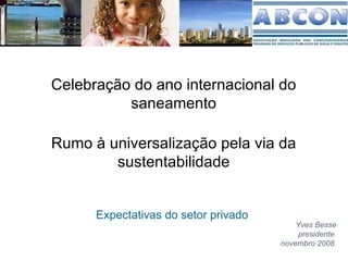 Rumo à universalização pela via da sustentabilidade Expectativas do setor privado  Yves Besse presidente  novembro 2008  Celebração do ano internacional do saneamento 