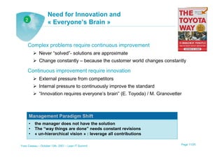 Need for Innovation and
   2
                   « Everyone’s Brain »


     Complex problems require continuous improvement
             Never “solved”- solutions are approximate
             Change constantly – because the customer world changes constantly

     Continuous improvement require innovation
             External pressure from competitors
             Internal pressure to continuously improve the standard
             “Innovation requires everyone’s brain” (E. Toyoda) / M. Granovetter



       Management Paradigm Shift
       •   the manager does not have the solution
       •   The “way things are done” needs constant revisions
       •   « un-hierarchical vision » : leverage all contributions

Yves Caseau – October 13th, 2001 – Lean IT Summit                              Page 11/25
 