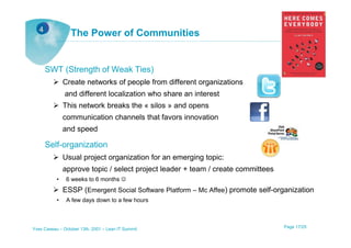 3
   4
                 The Power of Communities


     SWT (Strength of Weak Ties)
               Create networks of people from different organizations
               and different localization who share an interest
               This network breaks the « silos » and opens
               communication channels that favors innovation
               and speed

     Self-organization
               Usual project organization for an emerging topic:
               approve topic / select project leader + team / create committees
           •    6 weeks to 6 months ☺
               ESSP (Emergent Social Software Platform – Mc Affee) promote self-organization
           •    A few days down to a few hours



Yves Caseau – October 13th, 2001 – Lean IT Summit                                 Page 17/25
 