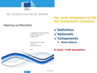 For each dimension of OE,
the framework contains:
√ Definition
√ Rationale
√ Components
 Descriptors
In total, >150 descriptors
 