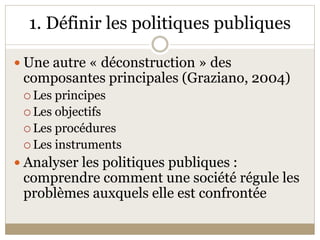 1. Définir les politiques publiques 

 Une autre « déconstruction » des 
 composantes principales (Graziano, 2004) 
  Les principes 
  Les objectifs 
  Les procédures 
  Les instruments 

 Analyser les politiques publiques : 
 comprendre comment une société régule les 
 problèmes auxquels elle est confrontée 
 