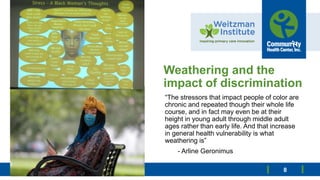 Weathering and the
impact of discrimination
“The stressors that impact people of color are
chronic and repeated though the...