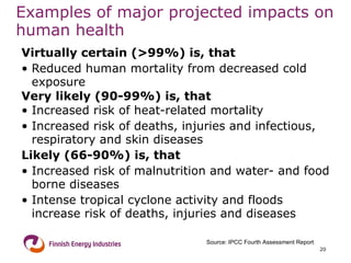 Examples of major projected impacts on human health Virtually certain (>99%) is, that Reduced human mortality from decreased cold exposure Very likely (90-99%) is, that   Increased risk of heat-related mortality Increased risk of deaths, injuries and infectious, respiratory and skin diseases Likely (66-90%) is, that   Increased risk of malnutrition and water- and food borne diseases Intense tropical cyclone activity and floods increase risk of deaths, injuries and diseases  Source: IPCC Fourth Assessment Report 