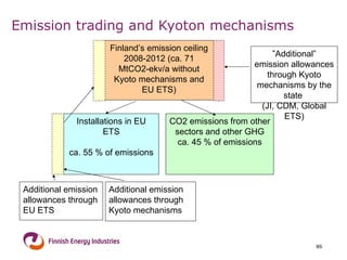 Emission trading and Kyoton mechanisms ” Additional” emission allowances through Kyoto mechanisms by the state  (JI, CDM, Global ETS) Installations in EU ETS ca. 55 % of emissions CO2 emissions from other sectors and other GHG ca. 45 % of emissions Additional emission allowances through EU ETS Additional emission allowances through Kyoto mechanisms Finland’s emission ceiling 2008-2012 (ca. 71 MtCO2-ekv/a without Kyoto mechanisms and EU ETS) 
