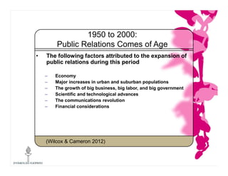 1950 to 2000:
Public Relations Comes of Age
• The following factors attributed to the expansion of
public relations during...