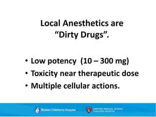 Local Anesthetics are
“Dirty Drugs”.
• Low potency (10 – 300 mg)
• Toxicity near therapeutic dose
• Multiple cellular actions.
 