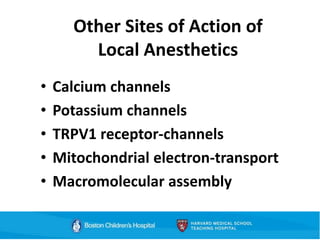 Other Sites of Action of
Local Anesthetics
• Calcium channels
• Potassium channels
• TRPV1 receptor-channels
• Mitochondrial electron-transport
• Macromolecular assembly
 
