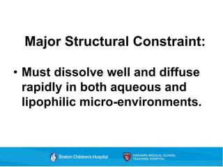 Major Structural Constraint:
• Must dissolve well and diffuse
rapidly in both aqueous and
lipophilic micro-environments.
 