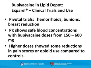 Bupivacaine in Lipid Depot:
Exparel® – Clinical Trials and Use
• Pivotal trials: hemorrhoids, bunions,
breast reduction
• PK shows safe blood concentrations
with bupivacaine doses from 150 – 600
mg
• Higher doses showed some reductions
in pain scores or opioid use compared to
controls.
 