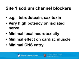 Site 1 sodium channel blockers
• e.g. tetrodotoxin, saxitoxin
• Very high potency on isolated
nerve
• Minimal local neurotoxicity
• Minimal effect on cardiac muscle
• Minimal CNS entry
 
