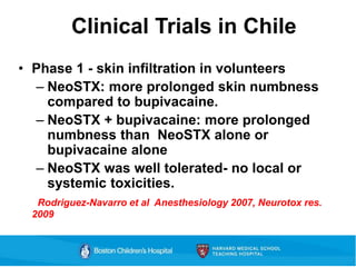 Clinical Trials in Chile
• Phase 1 - skin infiltration in volunteers
– NeoSTX: more prolonged skin numbness
compared to bupivacaine.
– NeoSTX + bupivacaine: more prolonged
numbness than NeoSTX alone or
bupivacaine alone
– NeoSTX was well tolerated- no local or
systemic toxicities.
Rodriguez-Navarro et al Anesthesiology 2007, Neurotox res.
2009
 
