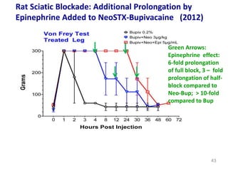 Rat Sciatic Blockade: Additional Prolongation by
Epinephrine Added to NeoSTX-Bupivacaine (2012)
Green Arrows:
Epinephrine effect:
6-fold prolongation
of full block, 3 – fold
prolongation of half-
block compared to
Neo-Bup; > 10-fold
compared to Bup
43
 