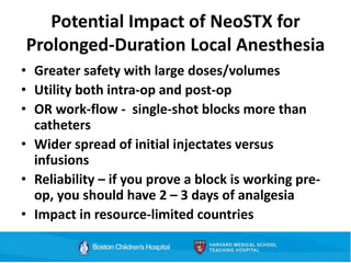 Potential Impact of NeoSTX for
Prolonged-Duration Local Anesthesia
• Greater safety with large doses/volumes
• Utility both intra-op and post-op
• OR work-flow - single-shot blocks more than
catheters
• Wider spread of initial injectates versus
infusions
• Reliability – if you prove a block is working pre-
op, you should have 2 – 3 days of analgesia
• Impact in resource-limited countries
 