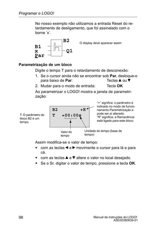 Manual de instruções do LOGO!
A5E00380839-01
98
No nosso exemplo não utilizamos a entrada Reset do re-
tardamento de desligamento, que foi assinalado com o
borne ’x’.
x
B1
Par
Q1
B2 O display deve aparecer assim
Parametrização de um bloco
Digite o tempo T para o retardamento de desconexão:
1. Se o cursor ainda não se encontrar sob Par, desloque-o
para baixo de Par: Teclas ou
2. Mudar para o modo de entrada: Tecla OK
Ao parametrizar o LOGO! mostra a janela de parametri-
zação:
“+” significa: o parâmetro é
indicado no modo de funcio-
namento Parametrização e
pode ser aí alterado.
“R” significa: a Remanência
está ligada para este bloco.
T: O parâmetro do
bloco B2 é um
tempo
B2 +R
T =00:00s
Valor do
tempo
Unidade do tempo (base de
tempo)
Assim modifica-se o valor de tempo:
S com as teclas e movimente o cursor para lá e para
cá.
S com as teclas e altere o valor no local desejado.
S Se o Sr. digitar o valor de tempo, pressione a tecla OK.
Programar o LOGO!
 