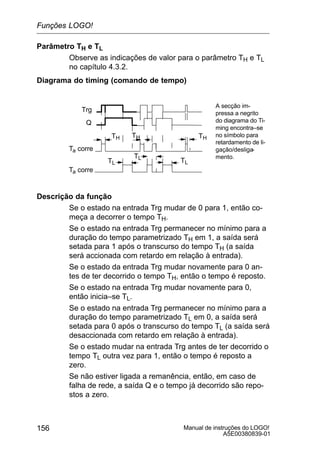 Manual de instruções do LOGO!
A5E00380839-01
156
Parâmetro TH e TL
Observe as indicações de valor para o parâmetro TH e TL
no capítulo 4.3.2.
Diagrama do timing (comando de tempo)
Trg
TH TH
Ta corre
Q
TL
Ta corre
TL
TH
TL
A secção im-
pressa a negrito
do diagrama do Ti-
ming encontra–se
no símbolo para
retardamento de li-
gação/desliga-
mento.
Descrição da função
Se o estado na entrada Trg mudar de 0 para 1, então co-
meça a decorrer o tempo TH.
Se o estado na entrada Trg permanecer no mínimo para a
duração do tempo parametrizado TH em 1, a saída será
setada para 1 após o transcurso do tempo TH (a saída
será accionada com retardo em relação à entrada).
Se o estado da entrada Trg mudar novamente para 0 an-
tes de ter decorrido o tempo TH, então o tempo é reposto.
Se o estado na entrada Trg mudar novamente para 0,
então inicia–se TL.
Se o estado na entrada Trg permanecer no mínimo para a
duração do tempo parametrizado TL em 0, a saída será
setada para 0 após o transcurso do tempo TL (a saída será
desaccionada com retardo em relação à entrada).
Se o estado mudar na entrada Trg antes de ter decorrido o
tempo TL outra vez para 1, então o tempo é reposto a
zero.
Se não estiver ligada a remanência, então, em caso de
falha de rede, a saída Q e o tempo já decorrido são repo-
stos a zero.
Funções LOGO!
 