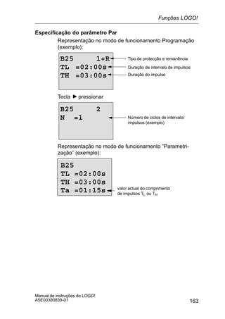 163
Manual de instruções do LOGO!
A5E00380839-01
Especificação do parâmetro Par
Representação no modo de funcionamento Programação
(exemplo):
B25 1+R
TL =02:00s
TH =03:00s
Tipo de protecção e remanência
Duração de intervalo de impulsos
Duração do impulso
Tecla pressionar
B25 2
N =1 Número de ciclos de intervalo/
impulsos (exemplo)
Representação no modo de funcionamento ”Parametri-
zação” (exemplo):
B25
TL =02:00s
TH =03:00s
Ta =01:15s valor actual do comprimento
de impulsos TL ou TH
Funções LOGO!
 
