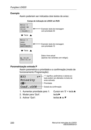 Manual de instruções do LOGO!
A5E00380839-01
220
Exemplo
Assim poderiam ser indicados dois textos de aviso:
Campo de indicação do LOGO! em RUN
Data e hora actual
(apenas nas variantes com relógio).
2003-01-27
Mo 09:00
Tecla
Motor 2
3000
horas
MANUTENÇÃO!
Exemplo: texto de mensagem
com prioridade 10
Motor 5
STOPP ÀS
10:12
!!Acção!!
Exemplo: texto de mensagem
com prioridade 30
Tecla
Parametrização entrada P
Assim parametriza a prioridade e a confirmação (modo de
funcionamento Programação):
Prioridade
Estado da confirmação
B33 +
Priority
00
Conf.=Off
“+” significa: parâmetros e valores ac-
tuais podem ser alterados no texto de
aviso activado
1. Aumentar prioridade para 1: Cursor em ’0’ + tecla
2. Mudar para ’Quit’: tecla
3. Activar ’Quit’: teclas ou
Funções LOGO!
 