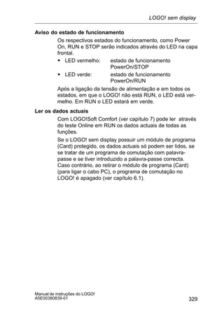329
Manual de instruções do LOGO!
A5E00380839-01
Aviso do estado de funcionamento
Os respectivos estados do funcionamento, como Power
On, RUN e STOP serão indicados através do LED na capa
frontal.
S LED vermelho: estado de funcionamento
PowerOn/STOP
S LED verde: estado de funcionamento
PowerOn/RUN
Após a ligação da tensão de alimentação e em todos os
estados, em que o LOGO! não está RUN, o LED está ver-
melho. Em RUN o LED estará em verde.
Ler os dados actuais
Com LOGO!Soft Comfort (ver capítulo 7) pode ler através
do teste Online em RUN os dados actuais de todas as
funções.
Se o LOGO! sem display possuir um módulo de programa
(Card) protegido, os dados actuais só podem ser lidos, se
se tratar de um programa de comutação com palavra-
passe e se tiver introduzido a palavra-passe correcta.
Caso contrário, ao retirar o módulo de programa (Card)
(para ligar o cabo PC), o programa de comutação no
LOGO! é apagado (ver capítulo 6.1).
LOGO! sem display
 