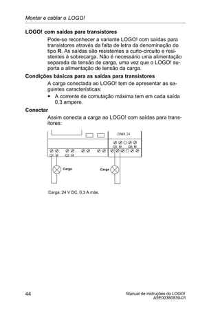 Manual de instruções do LOGO!
A5E00380839-01
44
LOGO! com saídas para transistores
Pode-se reconhecer a variante LOGO! com saídas para
transistores através da falta de letra da denominação do
tipo R. As saídas são resistentes a curto-circuito e resi-
stentes à sobrecarga. Não é necessário uma alimentação
separada da tensão de carga, uma vez que o LOGO! su-
porta a alimentação de tensão da carga.
Condições básicas para as saídas para transistores
A carga conectada ao LOGO! tem de apresentar as se-
guintes características:
S A corrente de comutação máxima tem em cada saída
0,3 ampere.
Conectar
Assim conecta a carga ao LOGO! com saídas para trans-
itores:
Carga: 24 V DC, 0,3 A máx.
DM8 24
Q1 Q2M M
Q5 Q6M M
Carga Carga
Montar e cablar o LOGO!
 