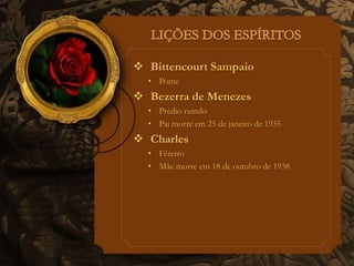  Bittencourt Sampaio 
• Ponte 
 Bezerra de Menezes 
• Prédio ruindo 
• Pai morre em 25 de janeiro de 1935 
 Charles 
• Féretro 
• Mãe morre em 18 de outubro de 1938 
 