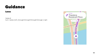 Guidance
Lanes
lanes=4
turn:lanes=left;through|through|through|through;right
17
 