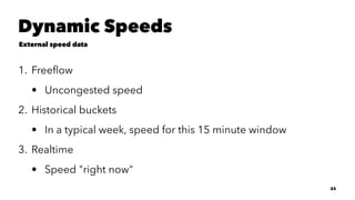 Dynamic Speeds
External speed data
1. Freeﬂow
• Uncongested speed
2. Historical buckets
• In a typical week, speed for this 15 minute window
3. Realtime
• Speed "right now"
23
 
