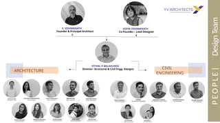 V. VISHWANATH
Founder & Principal Architect
VIDYA VISHWANATH
Co-Founder – Lead Designer
VITHAL P BALAKUNDI
Director- Structural & Civil Engg. Designs
P
E
O
P
L
E
|
Design
Team
ARCHITECTURE
CIVIL
ENGINEERING
VINAY YADAV
TRAINEE ARCHITECT
JUNIOR ARCHITECT
JUNIOR ARCHITECT
SIRI MAHESH
TRAINEE ARCHITECT
 