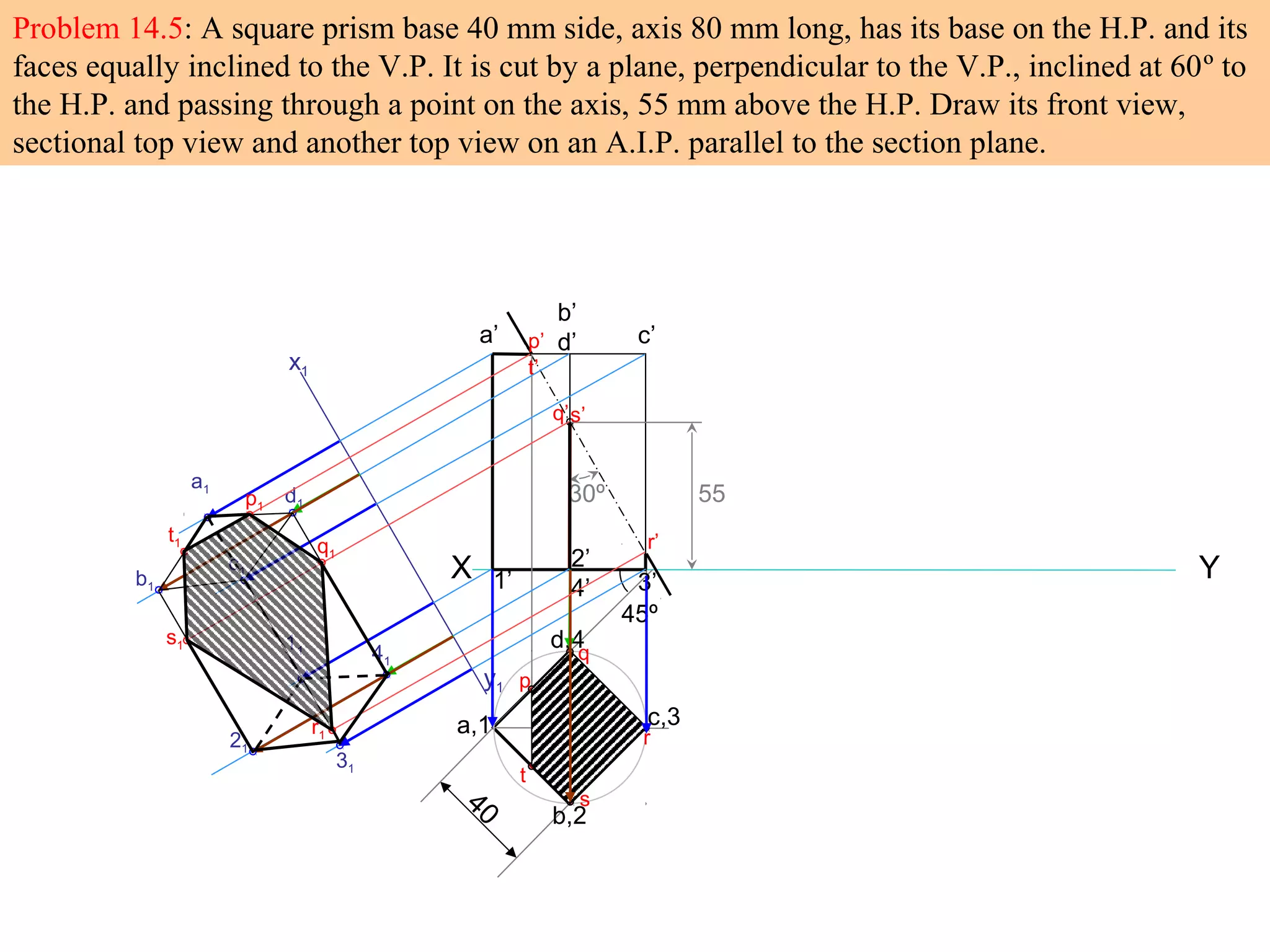 Problem 14.5: A square prism base 40 mm side, axis 80 mm long, has its base on the H.P. and its
faces equally inclined to the V.P. It is cut by a plane, perpendicular to the V.P., inclined at 60º to
the H.P. and passing through a point on the axis, 55 mm above the H.P. Draw its front view,
sectional top view and another top view on an A.I.P. parallel to the section plane.
X Y
a,1
45º
40
a’
b’
d’ c’
b,2
c,3
d,4
1’
2’
4’ 3’
5530º
p
q
r
s
t
p’
q’
r’
s’
t’x1
y1
a1
11
c1
31
d1
41
b1
21
t1
p1
s1
q1
r1
 