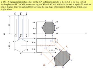 Q 14.6: A Hexagonal prism has a face on the H.P. and the axis parallel to the V.P. It is cut by a vertical
section plane the H.T. of which makes an angle of 45 with XY and which cuts the axis at a point 20 mm from
one of its ends. Draw its sectional front view and the true shape of the section. Side of base 25 mm long
height 65mm.
X Y
a
b
c
d
e
f
a’ b’ c’
d’e’f’
2565
a’ b’ c’
d’e’f’
a’
b’
c’d’
e’
f’a’
b’
c’d’
e’
f’
d1
a1
b1
c1
e1
f1d1
a1
b1
c1
e1
f1
20
1’
2’
3’4’
5’
6’ 7’
1 2
3
4
5
6
7
X1
Y1
31’
41’
21’
11’
71’
61’
51’
 