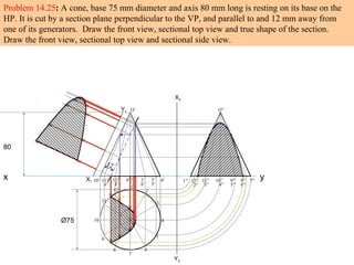 Problem 14.25: A cone, base 75 mm diameter and axis 80 mm long is resting on its base on the
HP. It is cut by a section plane perpendicular to the VP, and parallel to and 12 mm away from
one of its generators. Draw the front view, sectional top view and true shape of the section.
Draw the front view, sectional top view and sectional side view.
x y
Ø75
1
2
3
4
5
6
7
8
9
10
11
12
80
10’ 11’
9’
12’
8’
9’7’ 2’
6’
3’
5’
4’
O
O’
12
X1
Y1
X2
Y2
1” 12”
2”
11”
3”
10” 9”
5”
8”
6”
7”
4”
O”
 