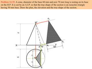 Problem 14.39: A cone, diameter of the base 60 mm and axis 70 mm long is resting on its base
on the H.P. It is cut by an A.I.P. so that the true shape of the section is an isosceles triangle
having 50 mm base. Draw the plan, the elevation and the true shape of the section.
X Y
70
60
2525
o’
o
a
b
a’ b’
o1
a1
b1
50
 