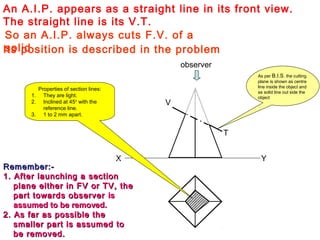 An A.I.P. appears as a straight line in its front view.
The straight line is its V.T.
So an A.I.P. always cuts F.V. of a
solid
X Y
V
T
As per B.I.S. the cutting
plane is shown as centre
line inside the object and
as solid line out side the
object
Remember:-Remember:-
1. After launching a section1. After launching a section
plane either in FV or TV, theplane either in FV or TV, the
part towards observerpart towards observer isis
assumed to be removed.assumed to be removed.
2. As far as possible the2. As far as possible the
smaller part is assumed tosmaller part is assumed to
be removed.be removed.
observer
Properties of section lines:
1. They are light.
2. Inclined at 45º with the
reference line.
3. 1 to 2 mm apart.
Its position is described in the problem
 