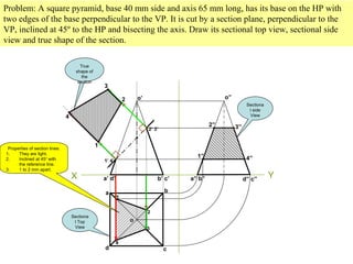 Problem: A square pyramid, base 40 mm side and axis 65 mm long, has its base on the HP with
two edges of the base perpendicular to the VP. It is cut by a section plane, perpendicular to the
VP, inclined at 45º to the HP and bisecting the axis. Draw its sectional top view, sectional side
view and true shape of the section.
X
o’
Y
a b
cd
o
a’ d’ b’ c’
1
2
3
4
1’ 4’
2’ 3’
2
3
1
4
Sectiona
l Top
View
True
shape of
the
section
a” b” d” c”
o”
1” 4”
2” 3”
Sectiona
l side
View
Properties of section lines:
1. They are light.
2. Inclined at 45º with
the reference line.
3. 1 to 2 mm apart.
 