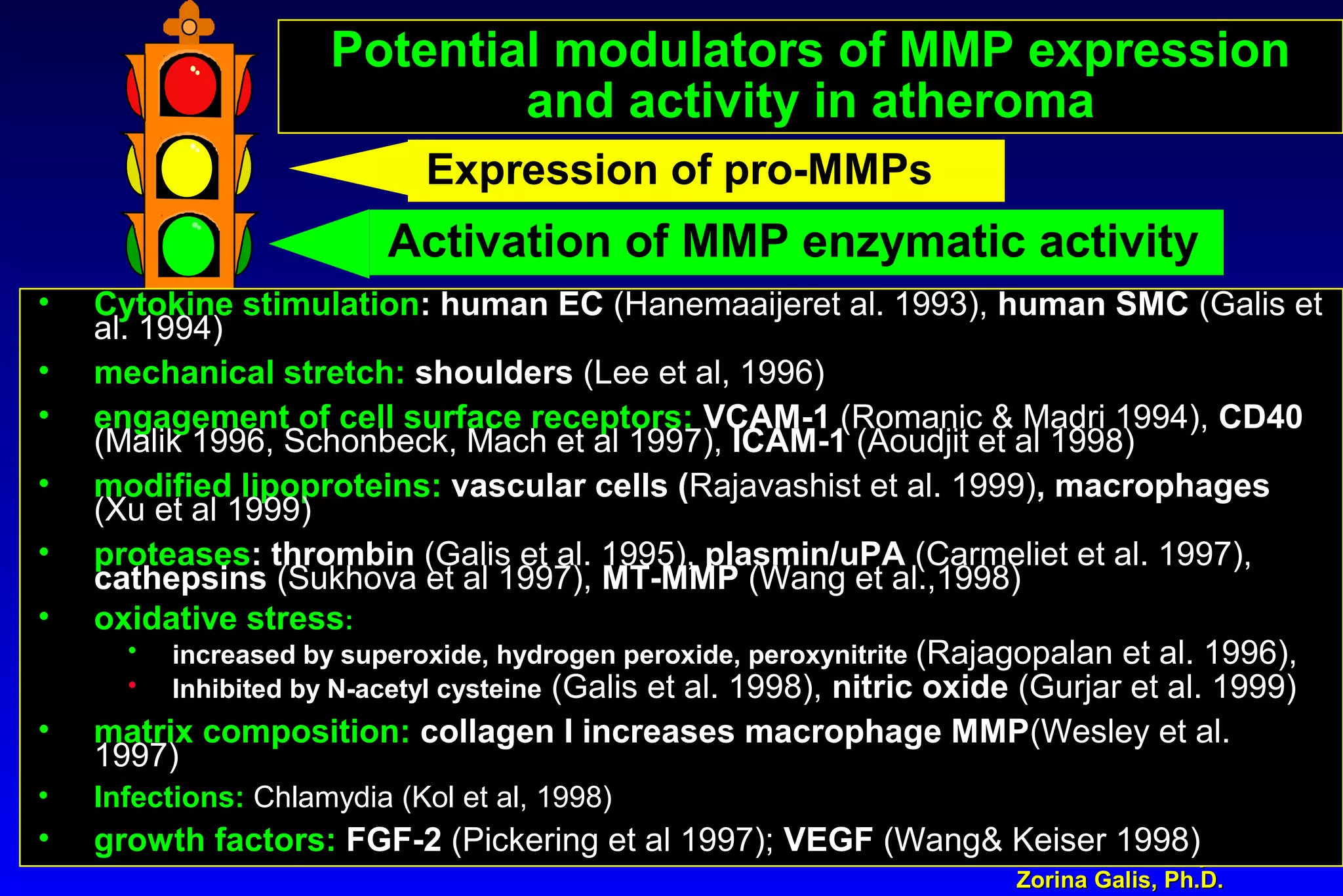 Content and GraphicsContent and Graphics
Zorina Galis, Ph.D.Zorina Galis, Ph.D.
• Cytokine stimulation: human EC (Hanemaaijeret al. 1993), human SMC (Galis et
al. 1994)
• mechanical stretch: shoulders (Lee et al, 1996)
• engagement of cell surface receptors: VCAM-1 (Romanic & Madri 1994), CD40
(Malik 1996, Schonbeck, Mach et al 1997), ICAM-1 (Aoudjit et al 1998)
• modified lipoproteins: vascular cells (Rajavashist et al. 1999), macrophages
(Xu et al 1999)
• proteases: thrombin (Galis et al. 1995), plasmin/uPA (Carmeliet et al. 1997),
cathepsins (Sukhova et al 1997), MT-MMP (Wang et al.,1998)
• oxidative stress:
• increased by superoxide, hydrogen peroxide, peroxynitrite (Rajagopalan et al. 1996),
• Inhibited by N-acetyl cysteine (Galis et al. 1998), nitric oxide (Gurjar et al. 1999)
• matrix composition: collagen I increases macrophage MMP(Wesley et al.
1997)
• Infections: Chlamydia (Kol et al, 1998)Kol et al, 1998)
• growth factors: FGF-2 (Pickering et al 1997); VEGF (Wang& Keiser 1998)
Potential modulators of MMP expression
and activity in atheroma
Expression of pro-MMPs
Activation of MMP enzymatic activity
 