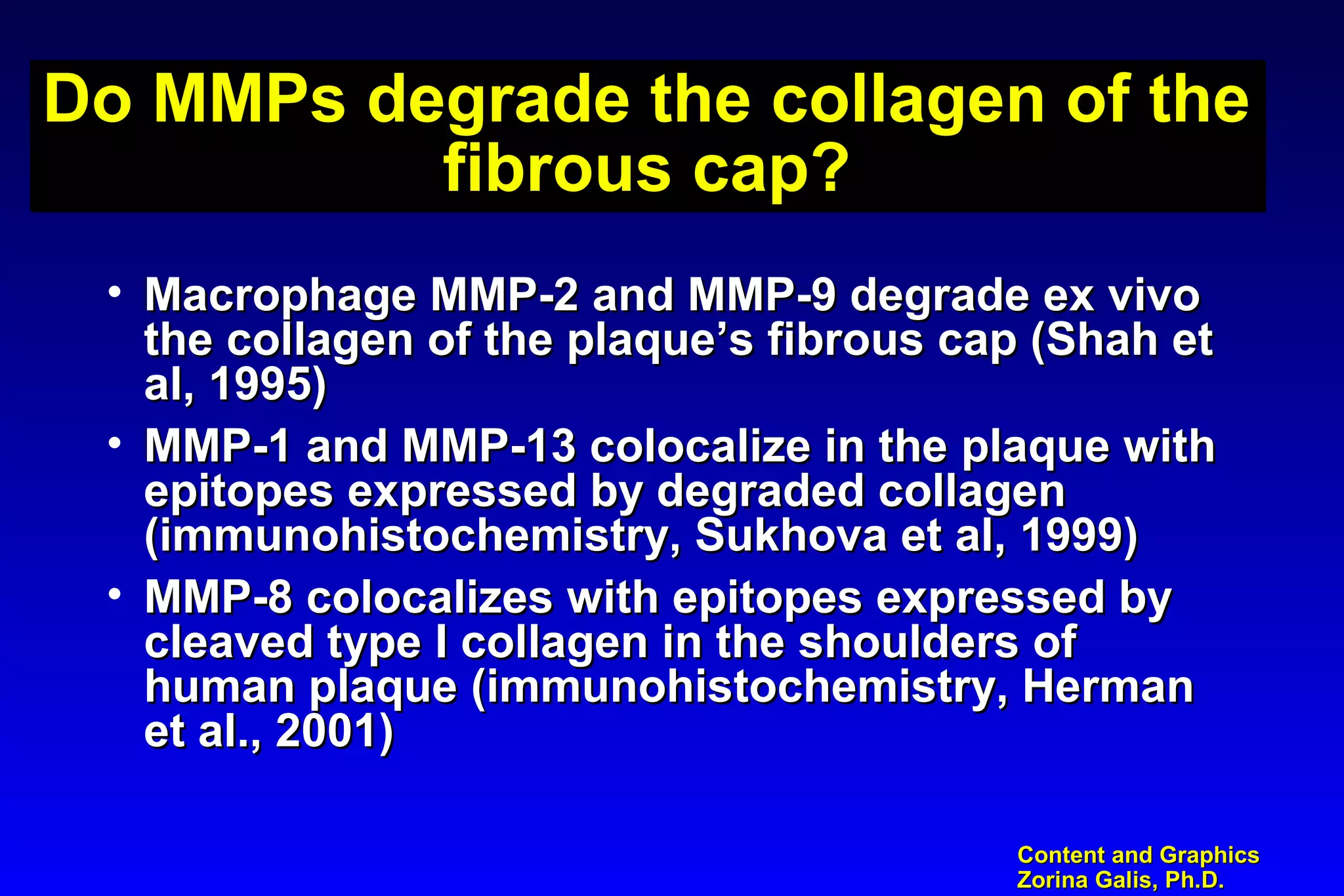 Content and GraphicsContent and Graphics
Zorina Galis, Ph.D.Zorina Galis, Ph.D.
Do MMPs degrade the collagen of the
fibrous cap?
Do MMPs degrade the collagen of the
fibrous cap?
• Macrophage MMP-2 and MMP-9 degrade ex vivoMacrophage MMP-2 and MMP-9 degrade ex vivo
the collagen of the plaque’s fibrous cap (Shah etthe collagen of the plaque’s fibrous cap (Shah et
al, 1995)al, 1995)
• MMP-1 and MMP-13 colocalize in the plaque withMMP-1 and MMP-13 colocalize in the plaque with
epitopes expressed by degraded collagenepitopes expressed by degraded collagen
(immunohistochemistry, Sukhova et al, 1999)(immunohistochemistry, Sukhova et al, 1999)
• MMP-8 colocalizes with epitopes expressed byMMP-8 colocalizes with epitopes expressed by
cleaved type I collagen in the shoulders ofcleaved type I collagen in the shoulders of
human plaque (immunohistochemistry, Hermanhuman plaque (immunohistochemistry, Herman
et al., 2001)et al., 2001)
 