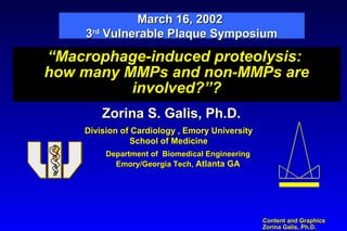 Content and GraphicsContent and Graphics
Zorina Galis, Ph.D.Zorina Galis, Ph.D.
“Macrophage-induced proteolysis:
how many MMPs and non-MMPs are
involved?”?
Zorina S. Galis, Ph.D.Zorina S. Galis, Ph.D.
Division of Cardiology , Emory UniversityDivision of Cardiology , Emory University
School of MedicineSchool of Medicine
Department of Biomedical EngineeringDepartment of Biomedical Engineering
Emory/Georgia Tech,Emory/Georgia Tech, Atlanta GAAtlanta GA
March 16, 2002March 16, 2002
33rdrd
Vulnerable Plaque SymposiumVulnerable Plaque Symposium
March 16, 2002March 16, 2002
33rdrd
Vulnerable Plaque SymposiumVulnerable Plaque Symposium
 