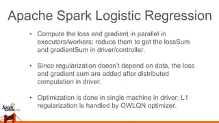 Apache Spark Logistic Regression
Broadcast Weights
to Executors
Driver/Controller
Executors/Workers
Loop until converge
In...