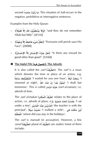 199
The Nouns in Accusative
second ً‫א‬ . This situation of Irab occurs in the
negative, prohibitive or interrogative sentences.
Examples from the Holy Quran:
– ﴿ً ‫א‬ ‫ون‬ ‫و‬﴾ “and they do not remember
Allah but little”. [4/142]
– ﴿‫و‬﴾ “Everyone will perish save His
Face”. [28/88]
– ﴿‫ن‬ ‫א‬ ‫ن‬ ‫א‬ ‫א‬﴾ “Is there any reward for
good other than good”. [55/60]
The Maful FihiThe Maful FihiThe Maful FihiThe Maful Fihi EEEE ‫ل‬ ‫א‬‫ل‬ ‫א‬‫ل‬ ‫א‬‫ل‬ ‫א‬FFFF---- The Adverb:The Adverb:The Adverb:The Adverb:
It is also called the zarf Fú ‫א‬E . The zarf is a noun
which denotes the time or place of an action, e.g.
ً ‫א‬ ‘I waited for you one hour’, ً ‘I
returned at night’, ‫א‬ ‫ن‬ ً‫א‬ ‫م‬ ‘I shall fast
tomorrow’. This is called ú‫א‬‫ن‬ (zarf al-zaman), i.e.
adverb of time.
The zarf al-makan Fْ ‫א‬ ú‫ن‬E relates to the place of
action, i.e. adverb of place, e.g. ‘I sat
under a tree’, ْ ‫א‬ ‫س‬ ْ ‫א‬ ‘the teacher is with the
principal’, ً ‘I walked a mile’,
ْ ْ ‫א‬ ‘where did you stay in the holidays’.
The zarf is mansub (in accusative). However, a few
zuruf (ú‫و‬ ‫א‬ plural of ú ‫א‬) are mabni. Some of them
include:
 