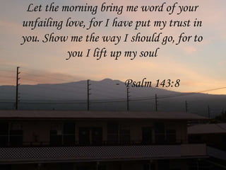 Let the morning bring me word of your
unfailing love, for I have put my trust in
you. Show me the way I should go, for to
you I lift up my soul
- Psalm 143:8