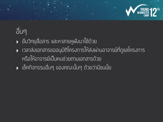 ทุกห้อง
‣ ต้องมีโปรเจคเตอร์ และไมค์
‣ เช็คเวลาปิดเปิดของทุกห้อง รวมทั้งตึกด้วย เช่น  
ห้องแต่ละห้อง ไฟรวม ประตูหน้าคณะ ห้องน้ำ  
แอร์เปิดปิดกี่โมง
‣ ให้รีบดูสถานที่และจองห้องไว้แต่เนิ่นๆ ทำใบจองด้วย
‣ หากตารางเรียนชนกับห้องไหนถ้าจำเป็นจริงๆให้ไปขอกับอาจารย์ผู้สอนรายวิชา
‣ ขอตารางใช้ห้องมาด้วย
‣ คุยกับพี่สถานที่ และอาจารย์ที่เกี่ยวข้องให้ดี
‣ หาคนเซ็ตโปรเจคเตอร์ด้วย
‣ เมื่อใช้เสร็จแล้วให้ทำการเคลียร์ห้องให้เรียบร้อย
 