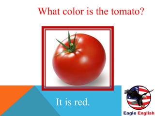 WHAT COLOR IS THE TOMATO?
It is red.
What color is the tomato?
 