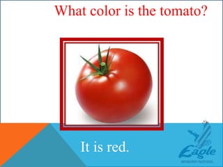 WHAT COLOR IS THE TOMATO?
It is red.
What color is the tomato?
 