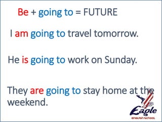 Be + going to = FUTURE
I am going to travel tomorrow.
He is going to work on Sunday.
They are going to stay home at the
weekend.
 