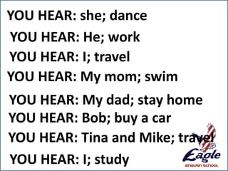 YOU HEAR: she; dance
YOU HEAR: He; work
YOU HEAR: I; travel
YOU HEAR: My mom; swim
YOU HEAR: My dad; stay home
YOU HEAR: Bob; buy a car
YOU HEAR: Tina and Mike; travel
YOU HEAR: I; study
 