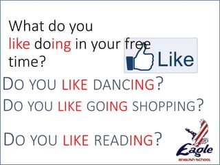 What do you
like doing in your free
time?
DO YOU LIKE DANCING?
DO YOU LIKE GOING SHOPPING?
DO YOU LIKE READING?
 