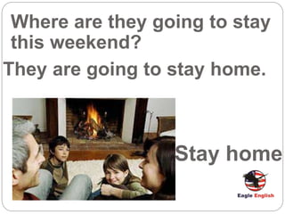 Stay home
Where are they going to stay
this weekend?
They are going to stay home.
 