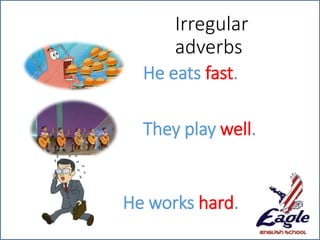 Irregular
adverbs
He eats fast.
They play well.
He works hard.
 